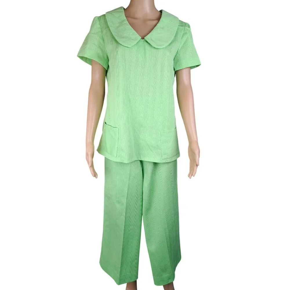 Vintage Handmade Pant Suit Polyester Top Crop Pants Women Large Green 2 Piece - Picture 1 of 16